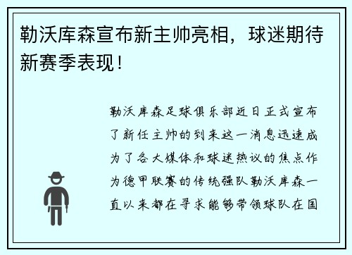 勒沃库森宣布新主帅亮相，球迷期待新赛季表现！