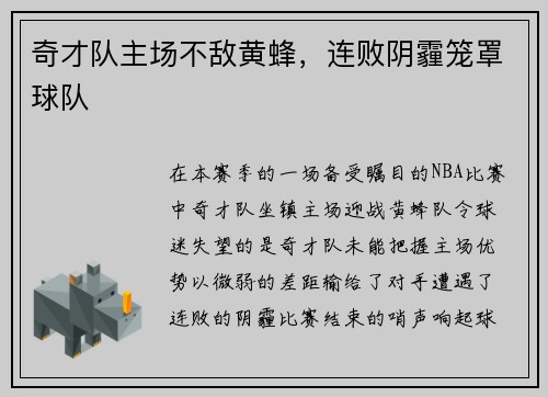 奇才队主场不敌黄蜂，连败阴霾笼罩球队