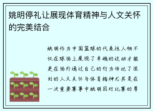 姚明停礼让展现体育精神与人文关怀的完美结合